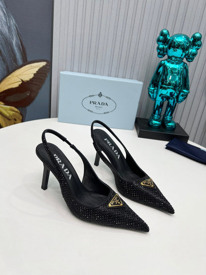 CRYSTAL SATIN HIGH-HEEL SLING BACK PUMPS BLACK