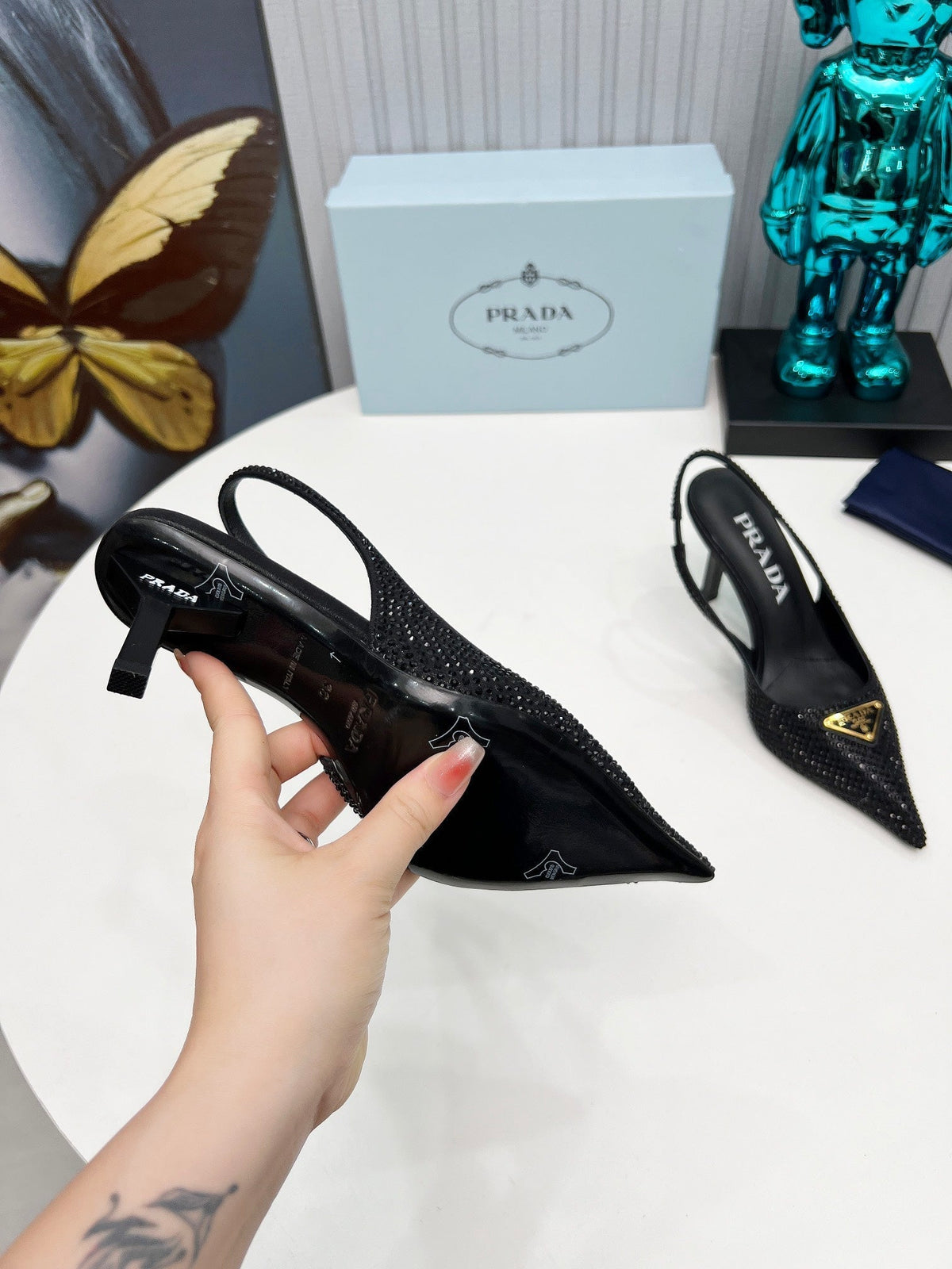 CRYSTAL SATIN HIGH-HEEL SLING BACK PUMPS BLACK