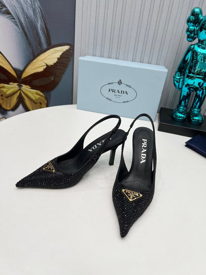 CRYSTAL SATIN HIGH-HEEL SLING BACK PUMPS BLACK