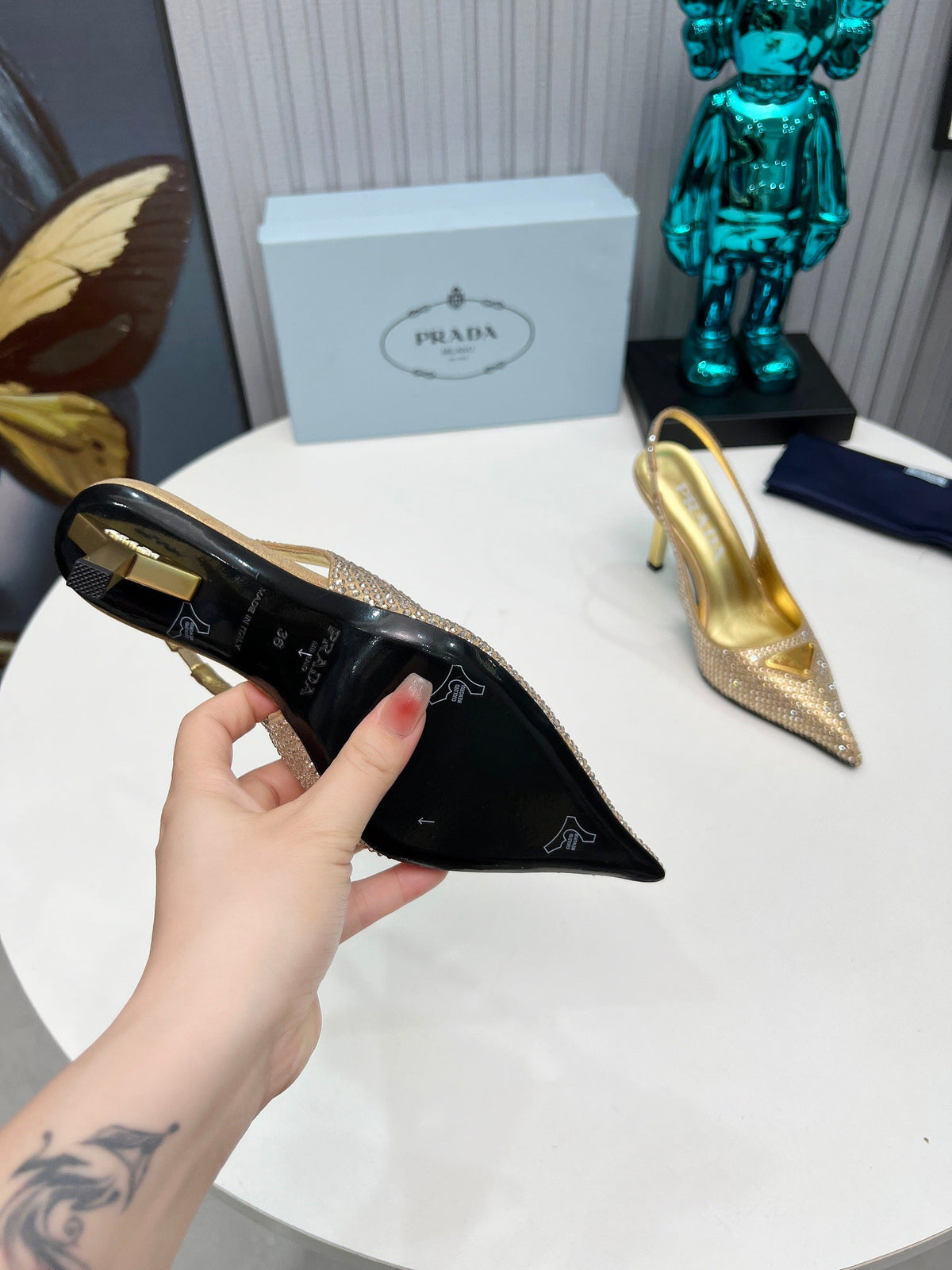 CRYSTAL SATIN HIGH-HEEL SLING BACK PUMPS GOLD
