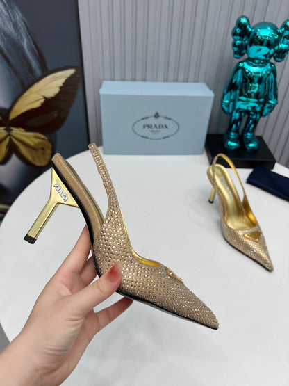 CRYSTAL SATIN HIGH-HEEL SLING BACK PUMPS GOLD