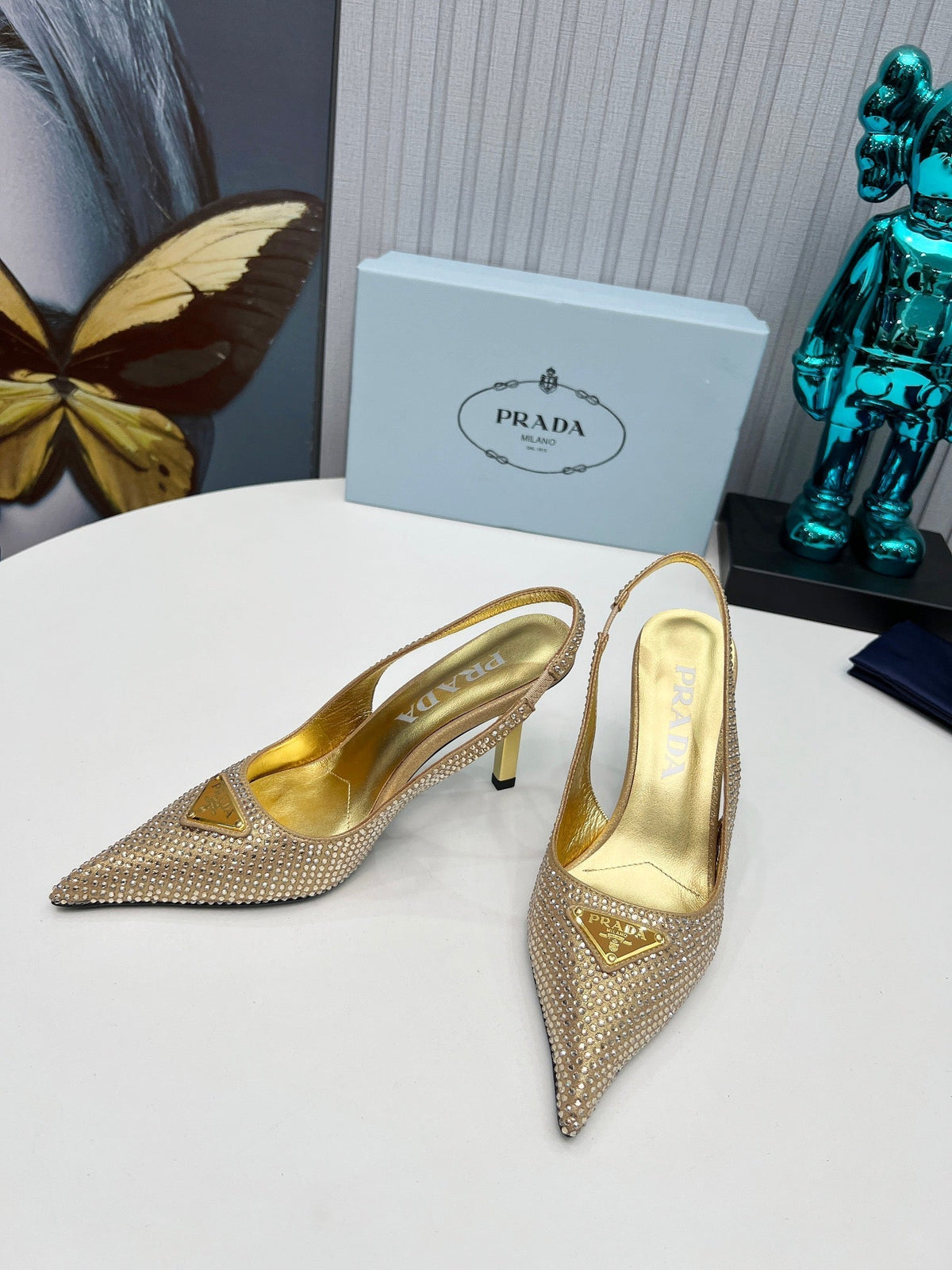 CRYSTAL SATIN HIGH-HEEL SLING BACK PUMPS GOLD