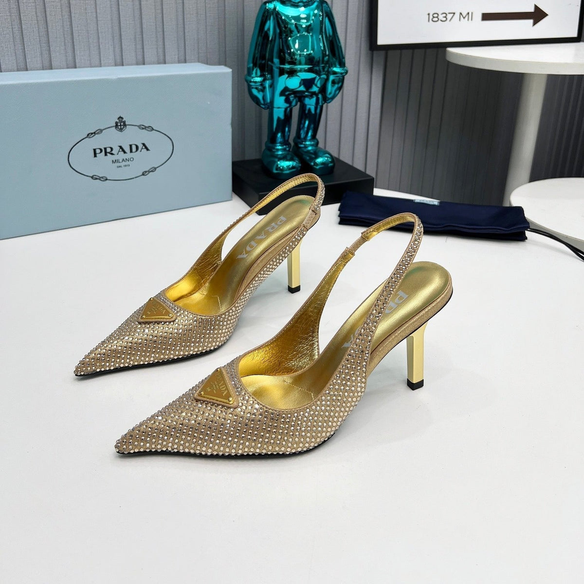 CRYSTAL SATIN HIGH-HEEL SLING BACK PUMPS GOLD