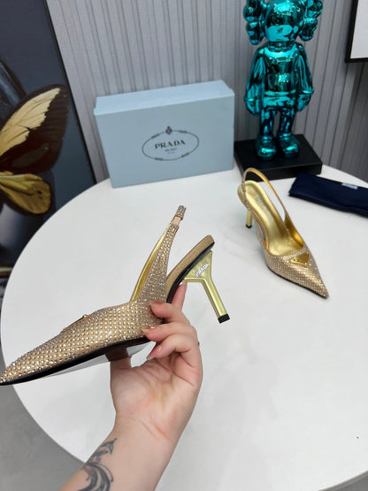 CRYSTAL SATIN HIGH-HEEL SLING BACK PUMPS GOLD
