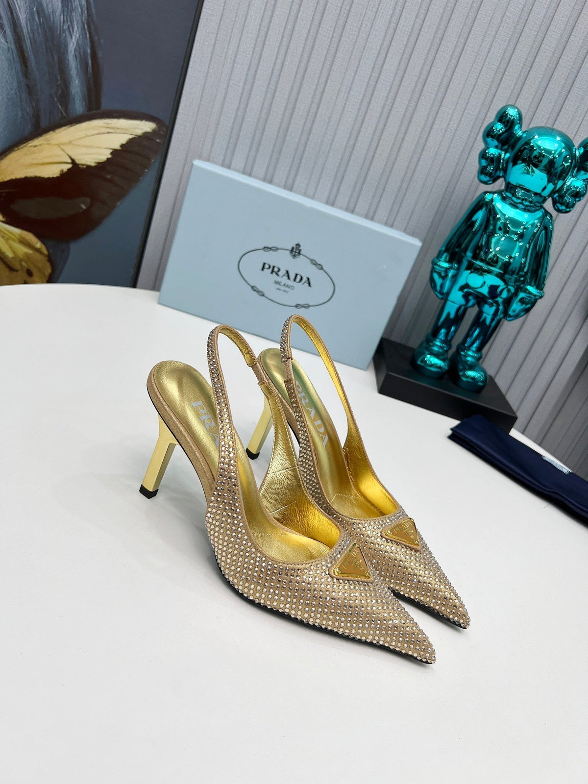 CRYSTAL SATIN HIGH-HEEL SLING BACK PUMPS GOLD