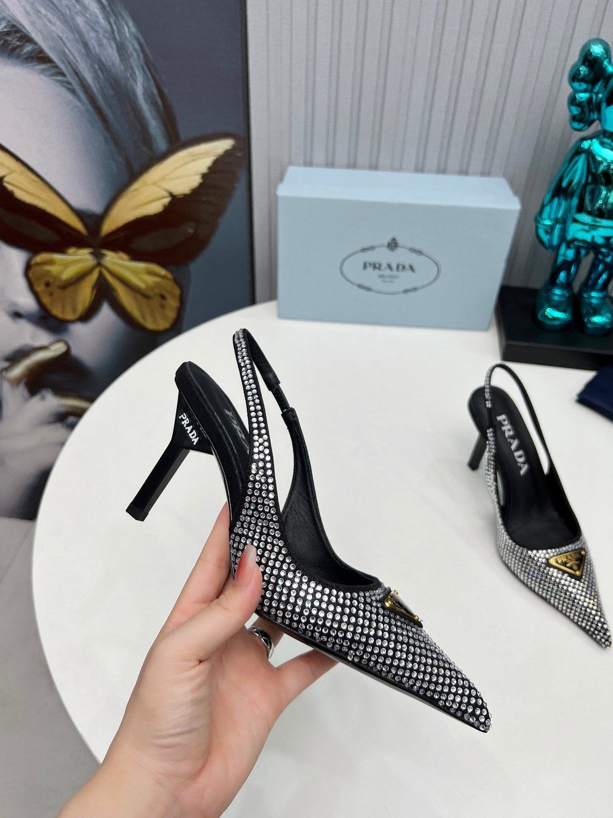 HIGH-HEEL SLING BACK PUMPS IN BLACK SATIN WITH WHITE CRYSTALS