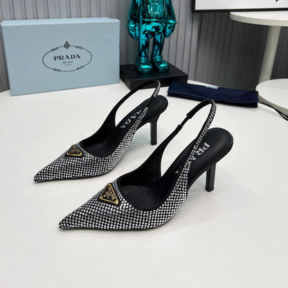 HIGH-HEEL SLING BACK PUMPS IN BLACK SATIN WITH WHITE CRYSTALS