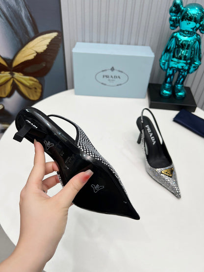 HIGH-HEEL SLING BACK PUMPS IN BLACK SATIN WITH WHITE CRYSTALS
