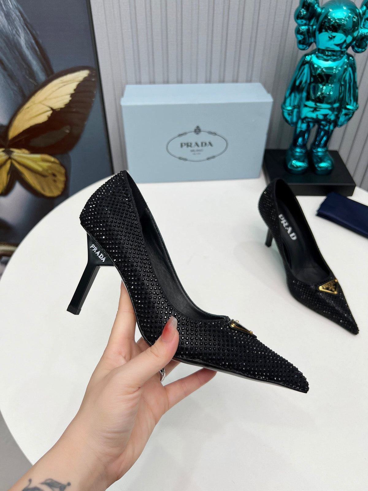 CRYSTAL HIGH-HEEL PUMPS IN BLACK SATIN WITH TRIANGLE LOGO