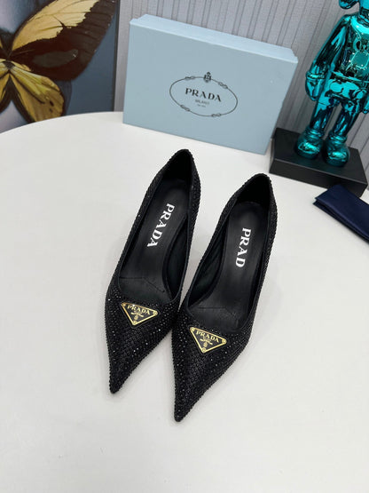 CRYSTAL HIGH-HEEL PUMPS IN BLACK SATIN WITH TRIANGLE LOGO