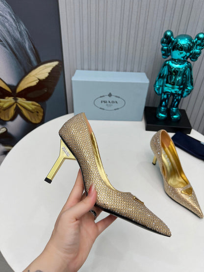 CRYSTAL HIGH-HEEL PUMPS IN GOLD SATIN WITH TRIANGLE LOGO