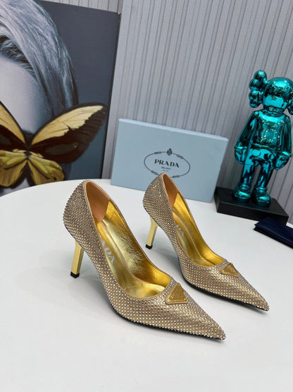 CRYSTAL HIGH-HEEL PUMPS IN GOLD SATIN WITH TRIANGLE LOGO