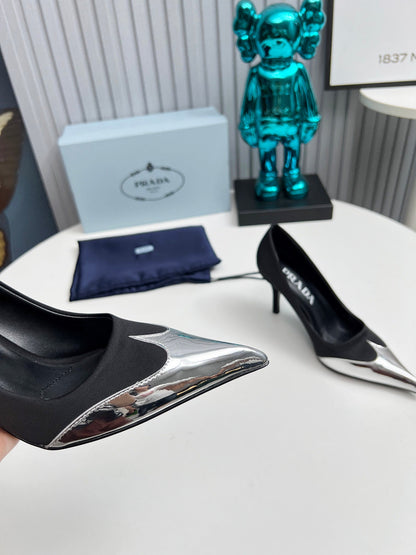 HIGH POINTED-TOE PUMPS IN BLACK MIX SILVER SATIN