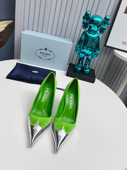 HIGH POINTED-TOE PUMPS IN LIME GREEN MIX SILVER SATIN