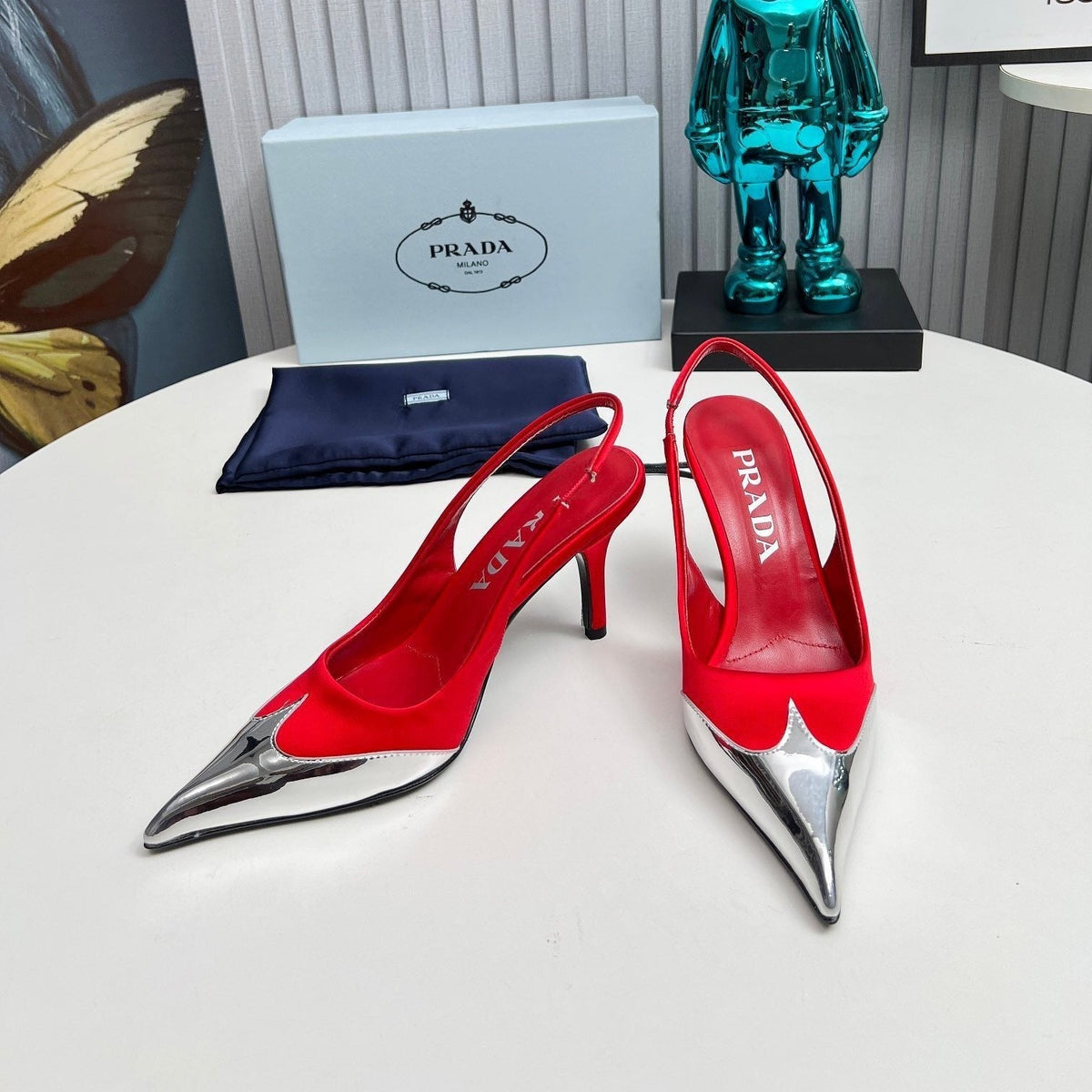HIGH SLING BACK PUMPS IN SILVER MIX RED SATIN