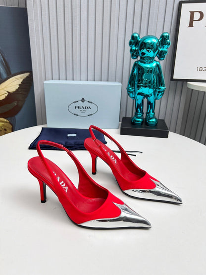HIGH SLING BACK PUMPS IN SILVER MIX RED SATIN