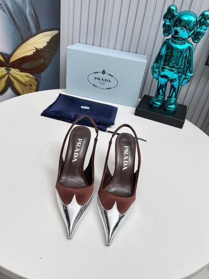 HIGH SLING BACK PUMPS IN SILVER MIX CHOCOLATE SATIN