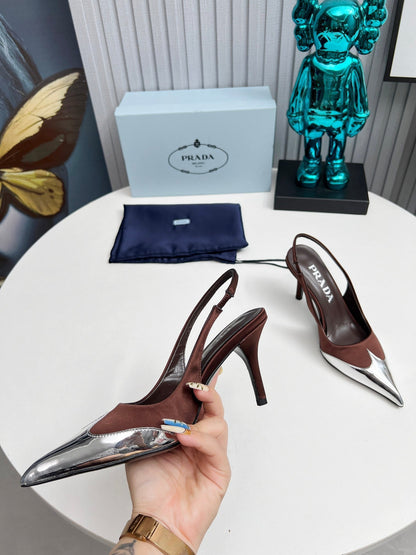 HIGH SLING BACK PUMPS IN SILVER MIX CHOCOLATE SATIN