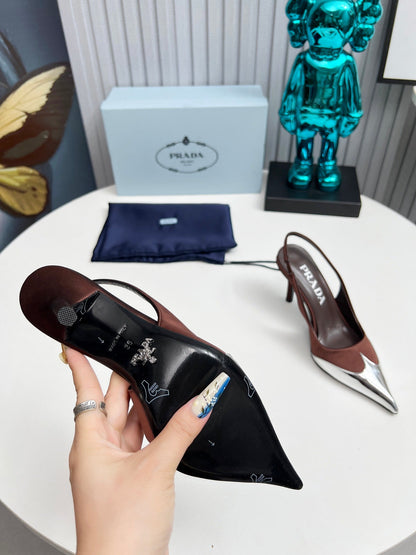 HIGH SLING BACK PUMPS IN SILVER MIX CHOCOLATE SATIN