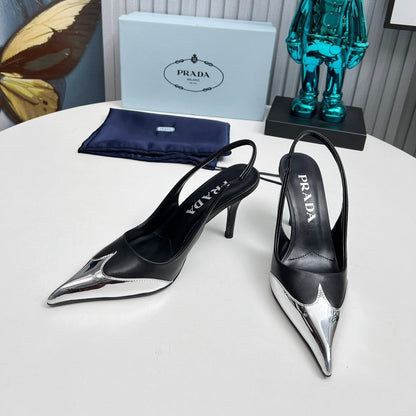 HIGH SLING BACK PUMPS IN SILVER MIX BLACK CALFSKIN
