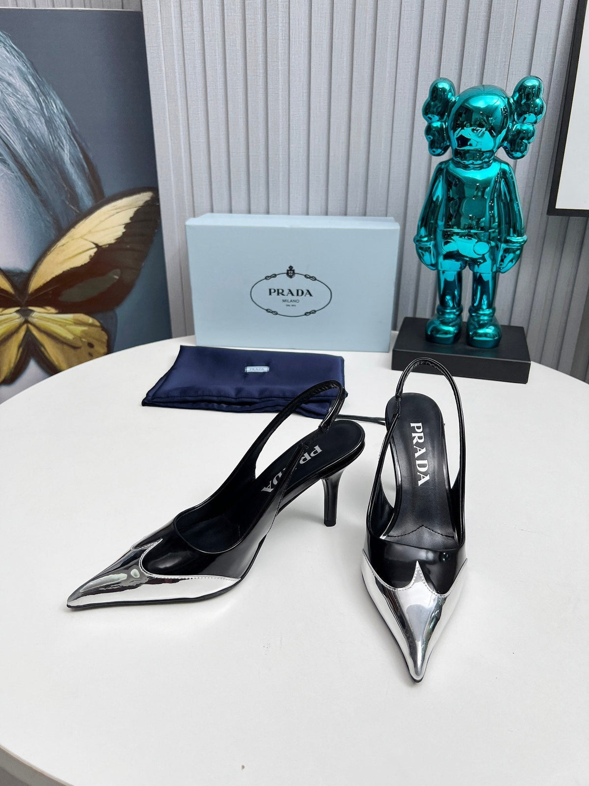 HIGH SLING BACK PUMPS IN SILVER MIX BLACK GLOSSY CALFSKIN
