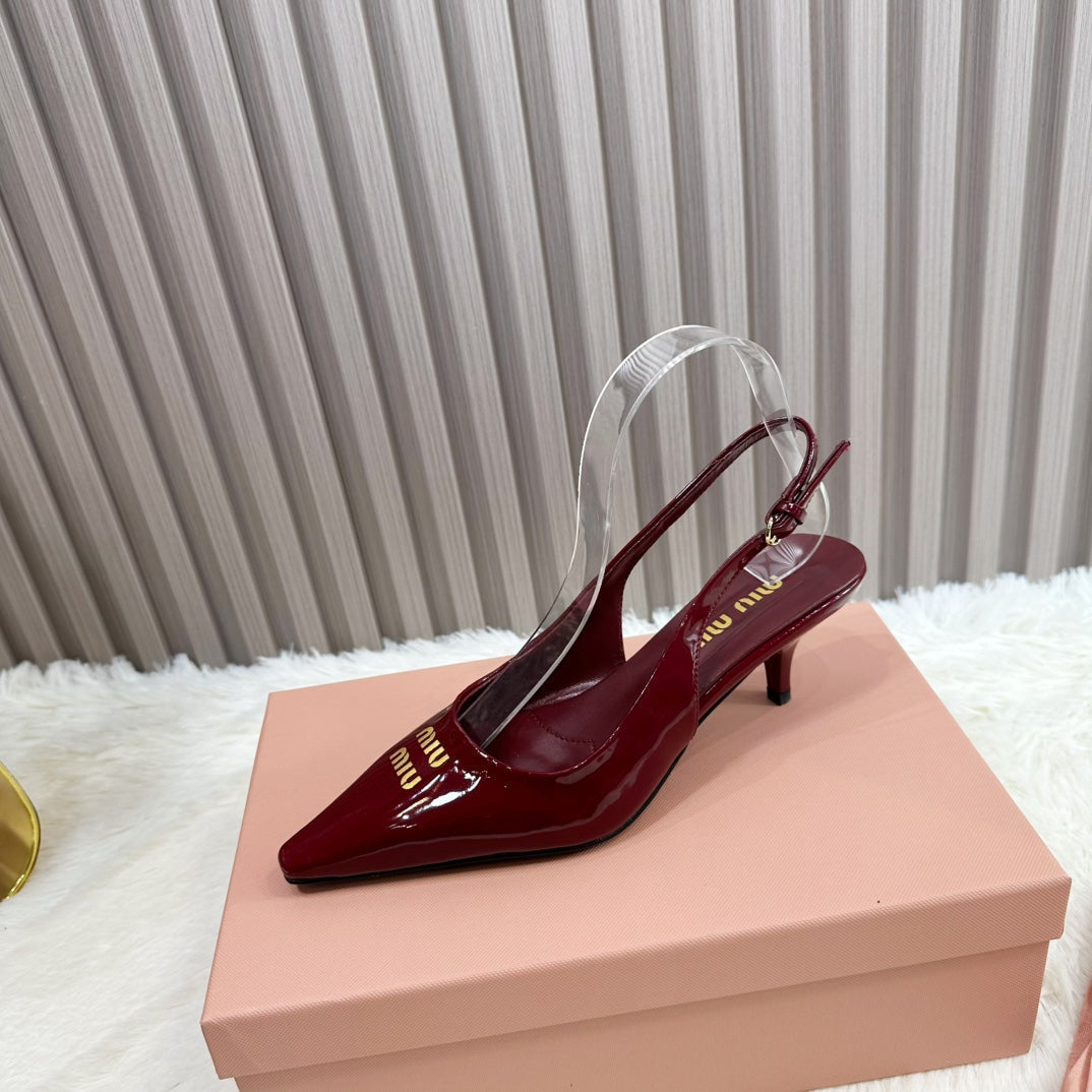 POINTED-TOE SLINGBACK IN WINE RED GLOSSY CALFSKIN