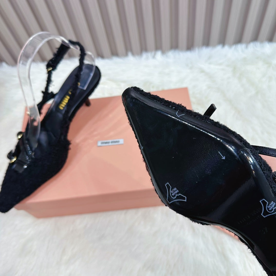 CROSS STRAP HIGH HEELED SLINGBACK IN BLACK TWEED