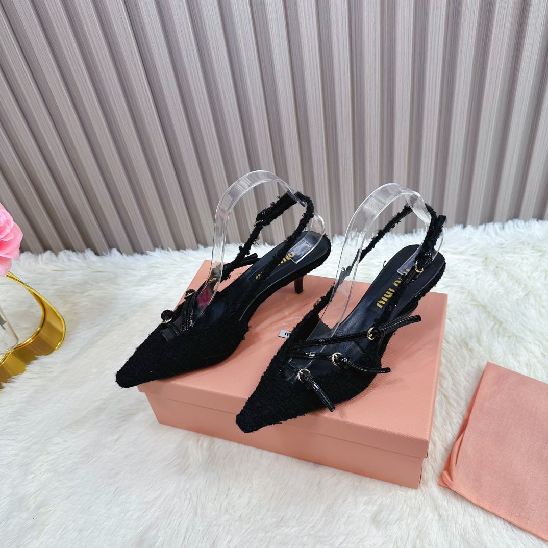 CROSS STRAP HIGH HEELED SLINGBACK IN BLACK TWEED