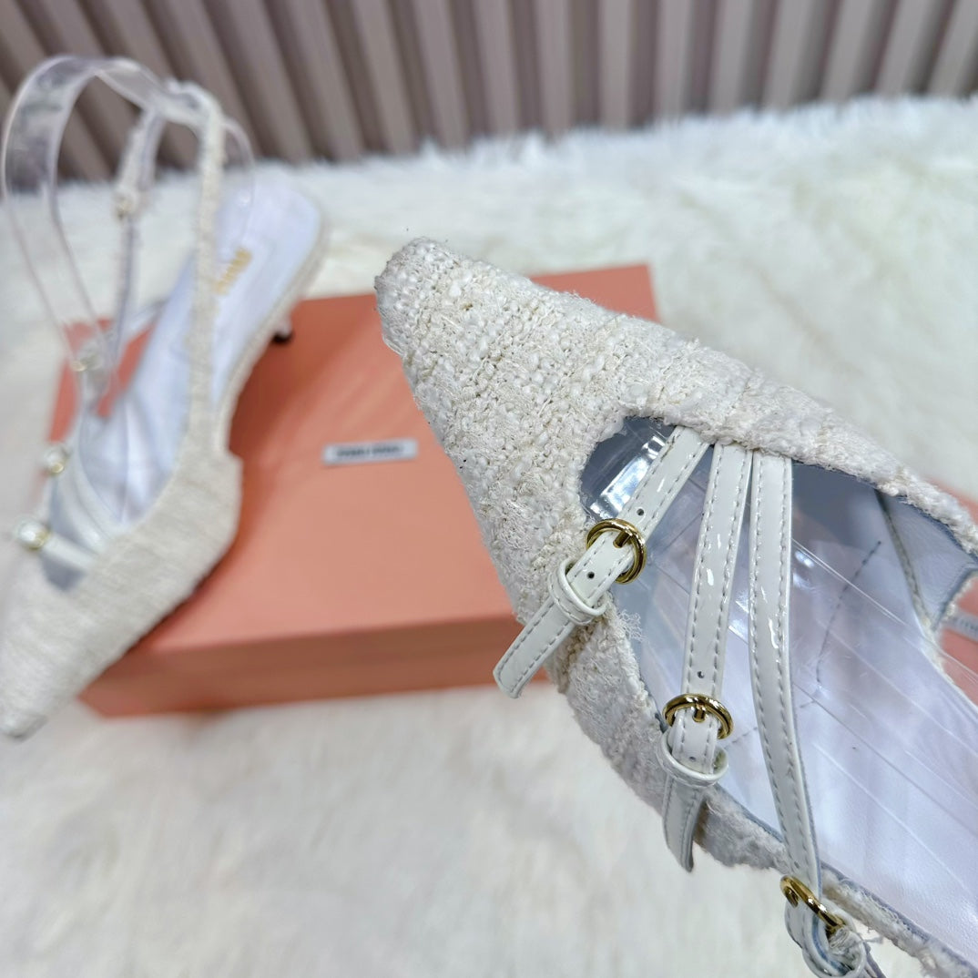 CROSS STRAP HIGH HEELED SLINGBACK IN BEIGE TWEED