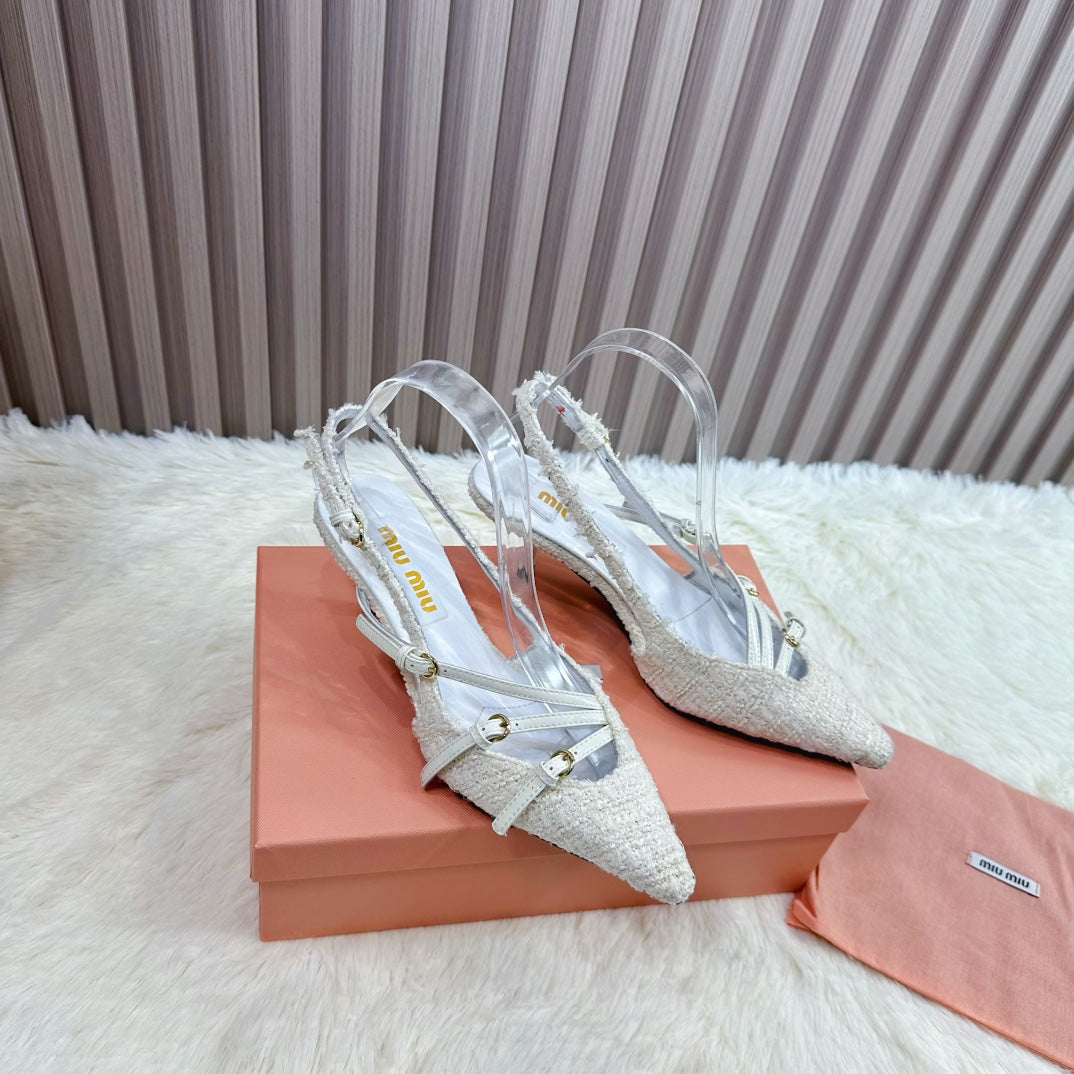 CROSS STRAP HIGH HEELED SLINGBACK IN BEIGE TWEED