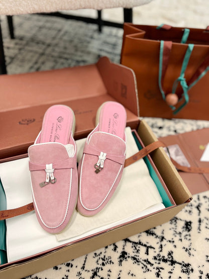 Loro Piana Pink Suede Charms Walk Flat Mules