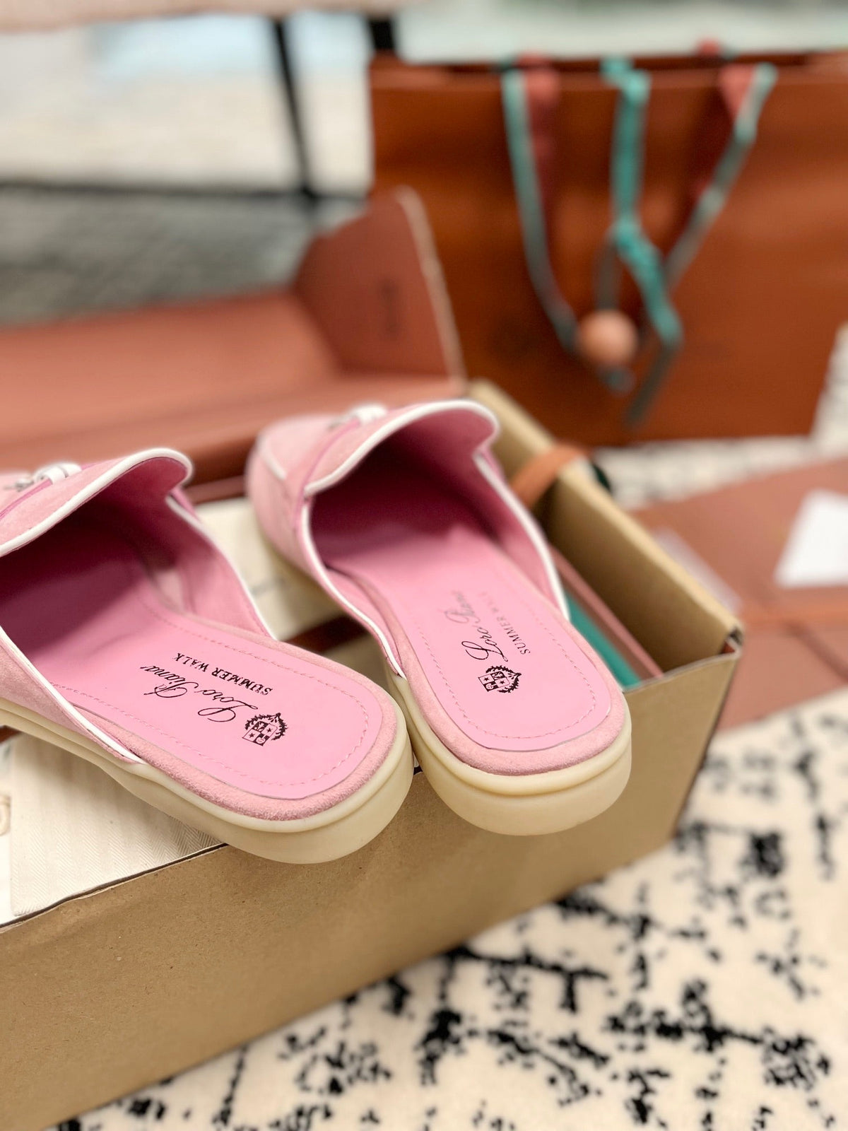 Loro Piana Pink Suede Charms Walk Flat Mules
