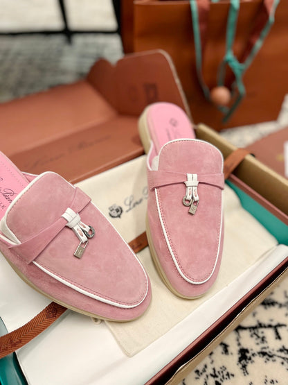 Loro Piana Pink Suede Charms Walk Flat Mules