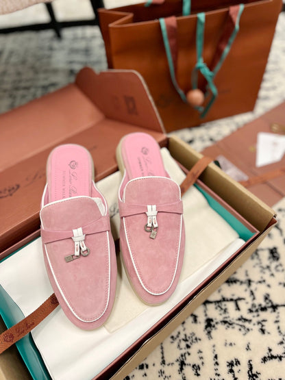 Loro Piana Pink Suede Charms Walk Flat Mules