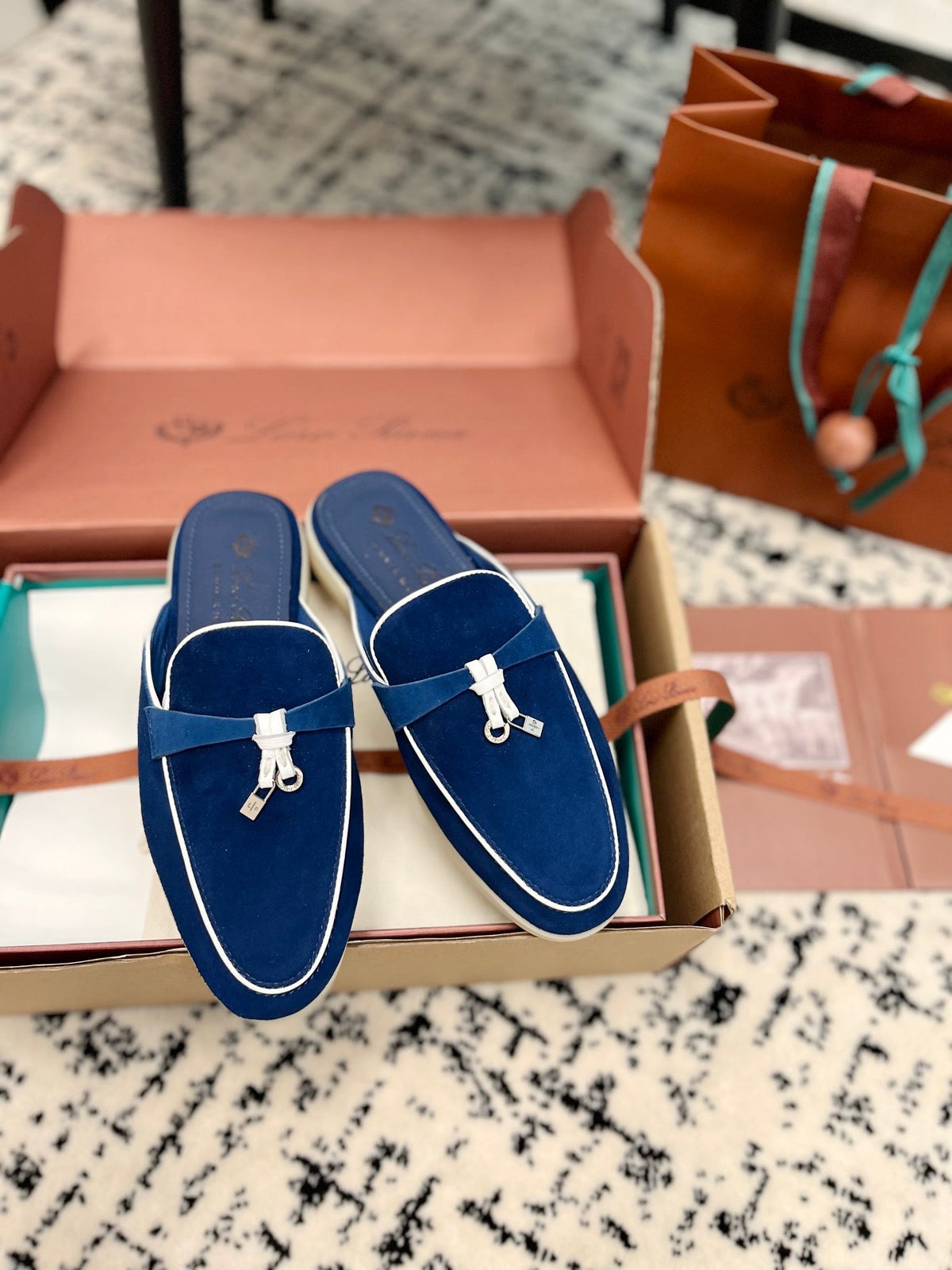 Loro Piana Dark Blue White Suede Charms Walk Flat Mules