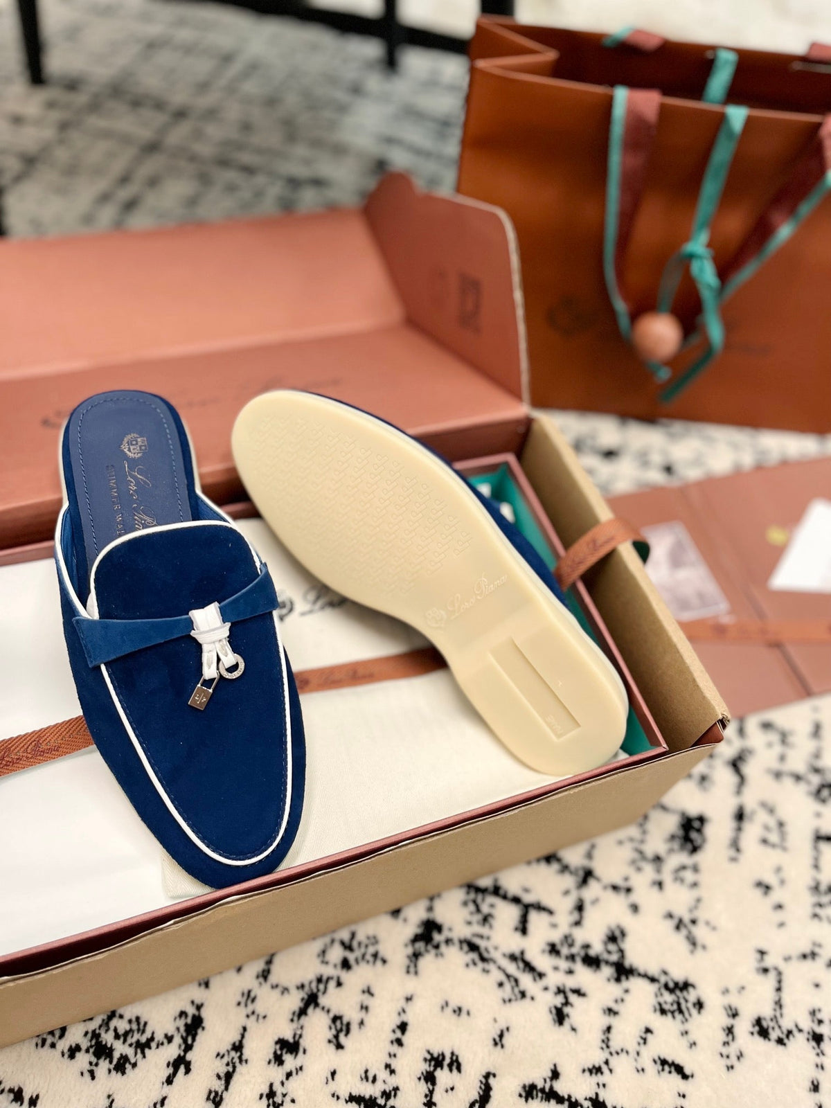 Loro Piana Dark Blue White Suede Charms Walk Flat Mules