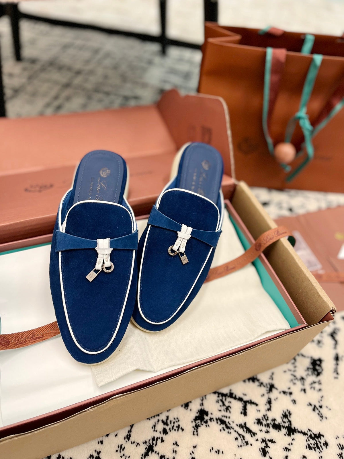 Loro Piana Dark Blue White Suede Charms Walk Flat Mules