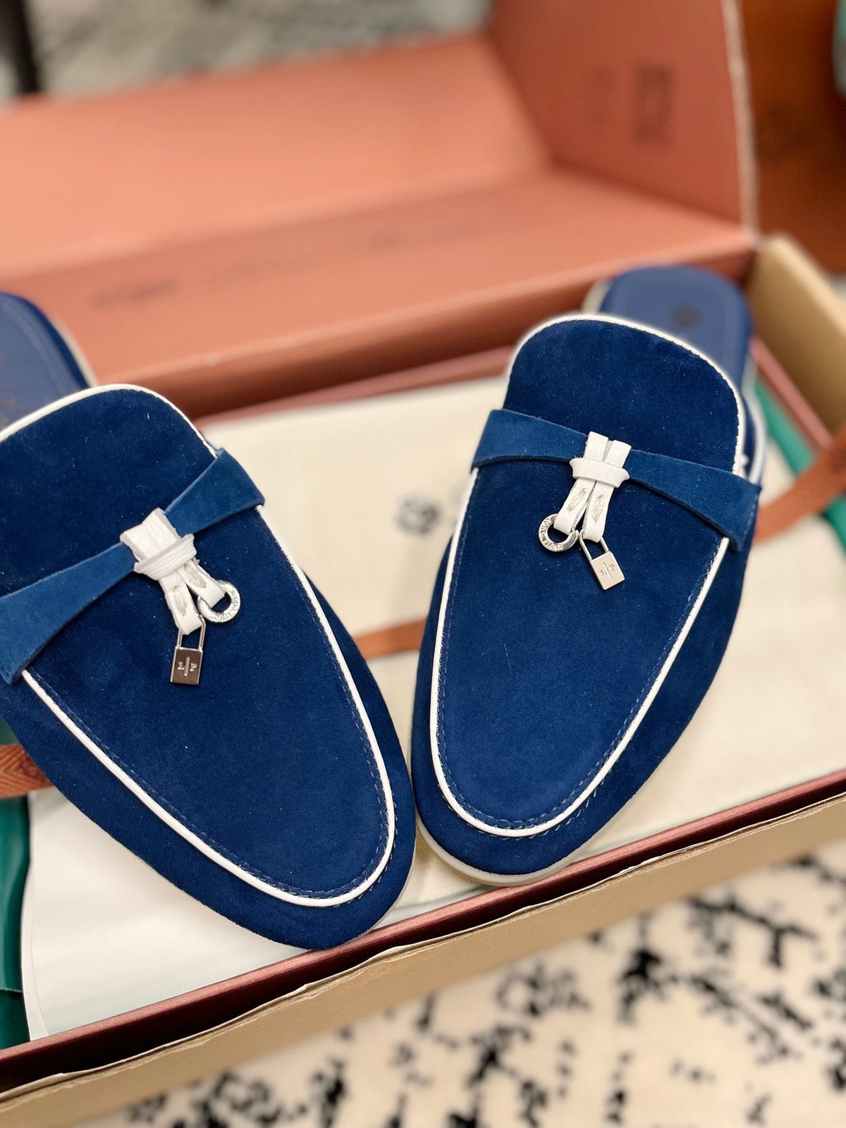 Loro Piana Dark Blue White Suede Charms Walk Flat Mules
