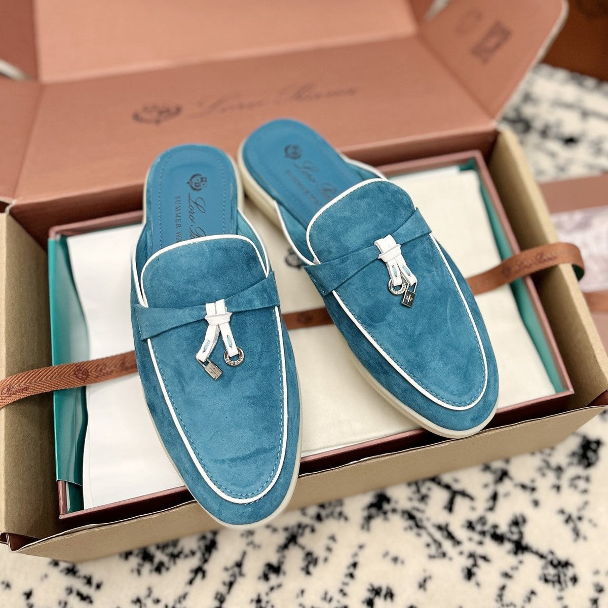 Loro Piana Ocean Blue White Suede Charms Walk Flat Mules