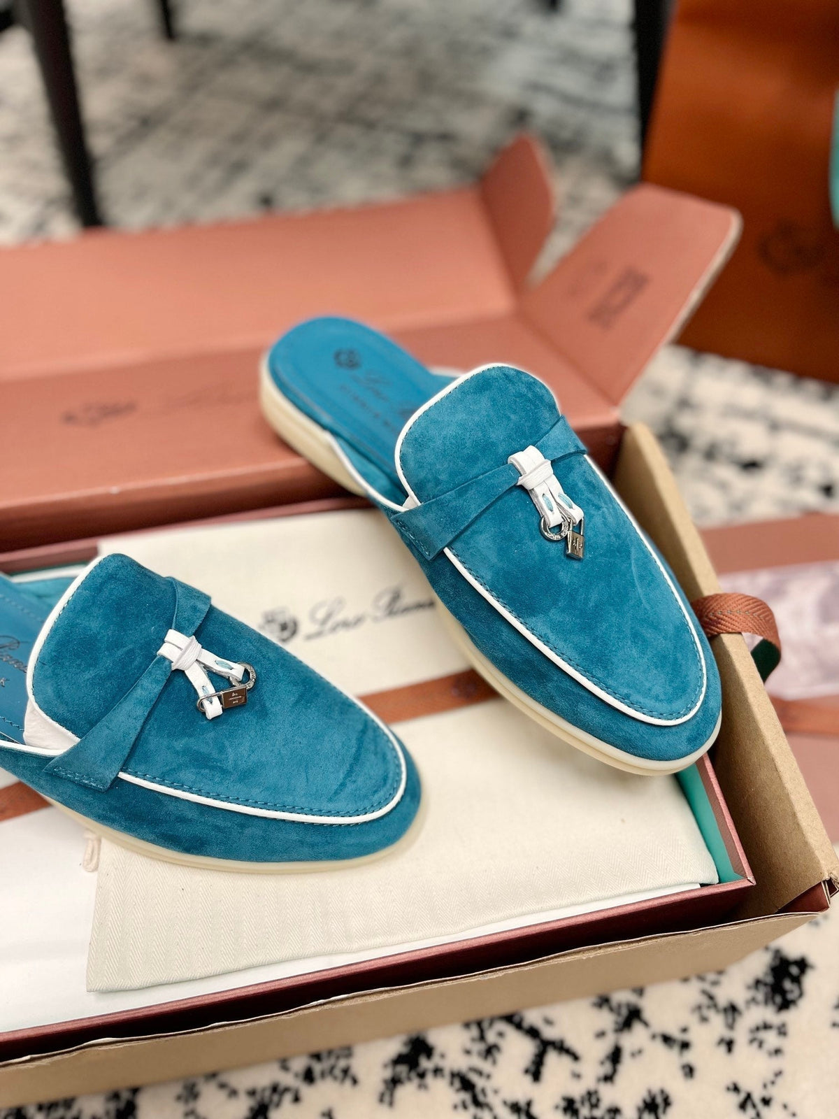 Loro Piana Ocean Blue White Suede Charms Walk Flat Mules