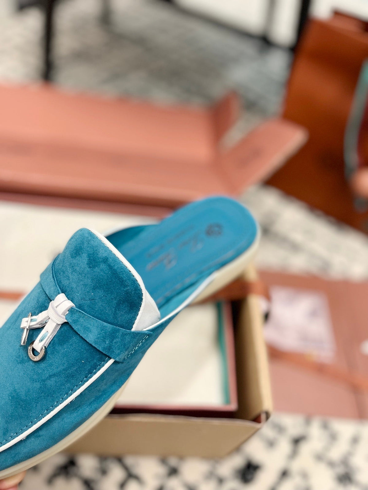 Loro Piana Ocean Blue White Suede Charms Walk Flat Mules