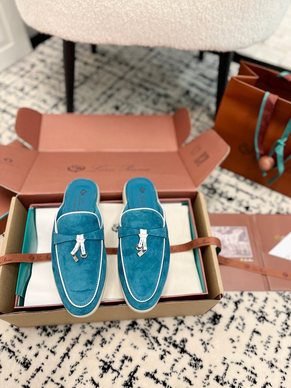 Loro Piana Ocean Blue White Suede Charms Walk Flat Mules