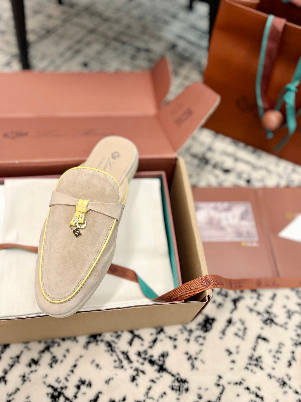 Loro Piana Beige Yellow Suede Charms Walk Flat Mules