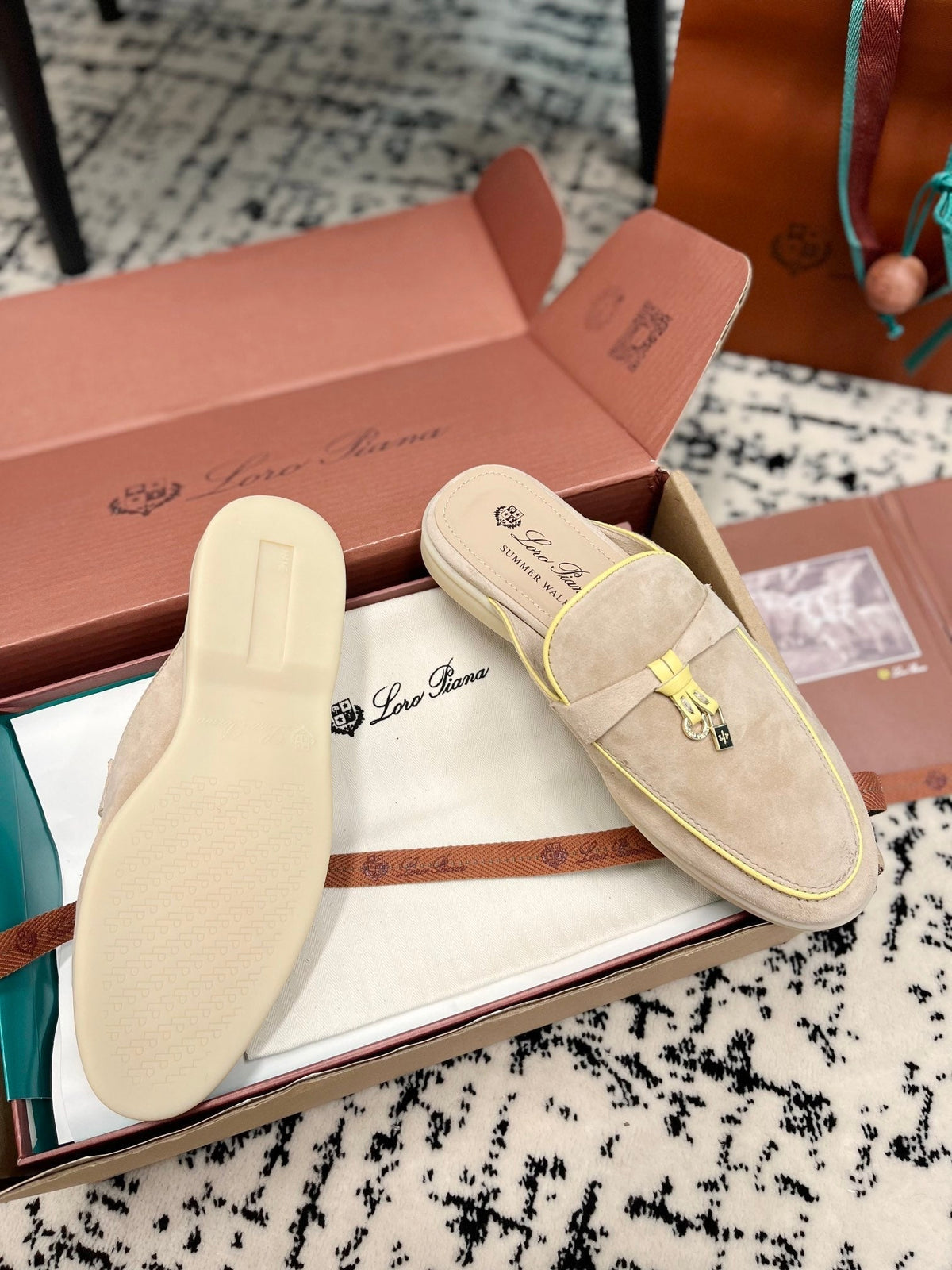 Loro Piana Beige Yellow Suede Charms Walk Flat Mules