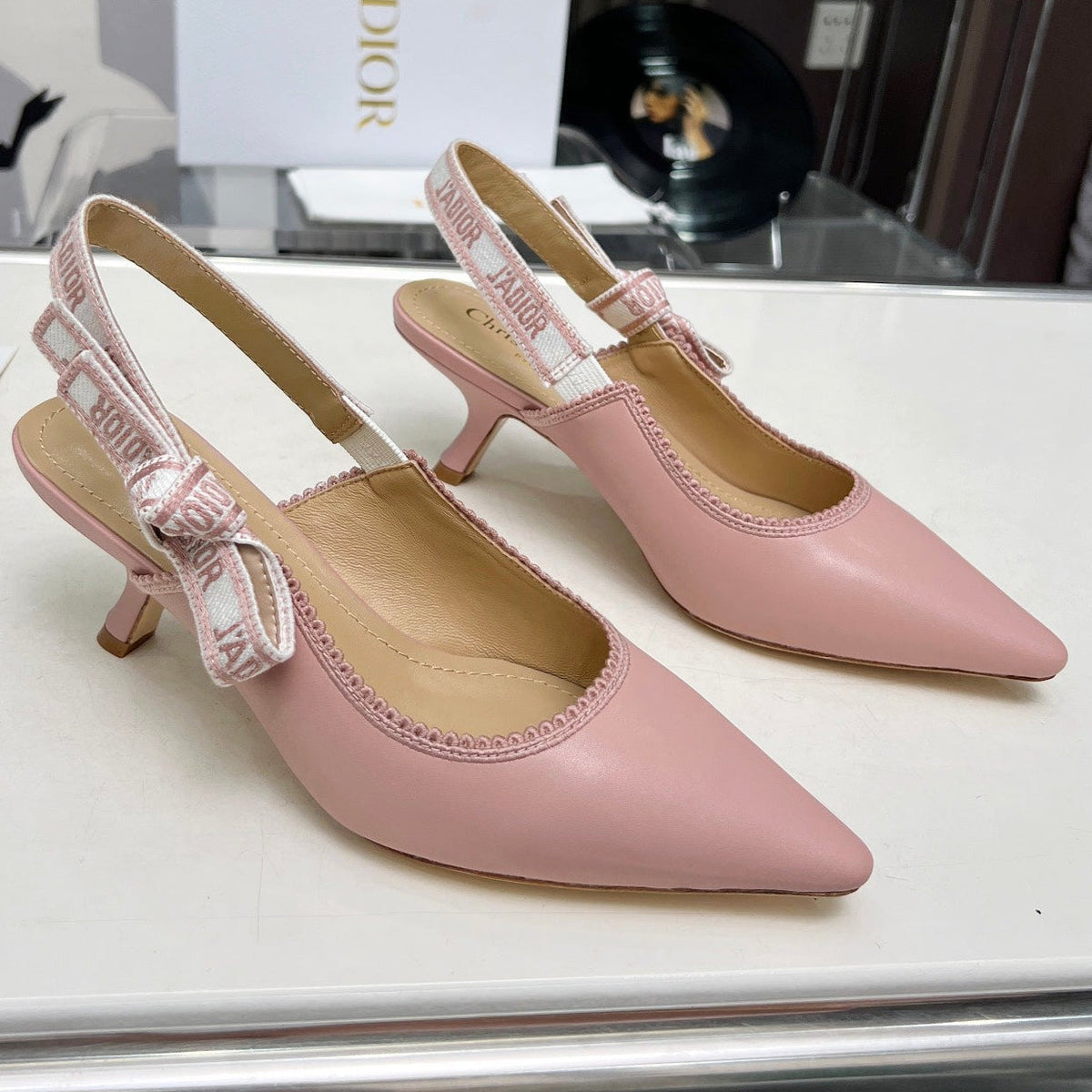 J'ADIOR SLINGBACK PUMP LIGHT PINK CALFSKIN AND EMBROIDERED FABRIC 65 MM