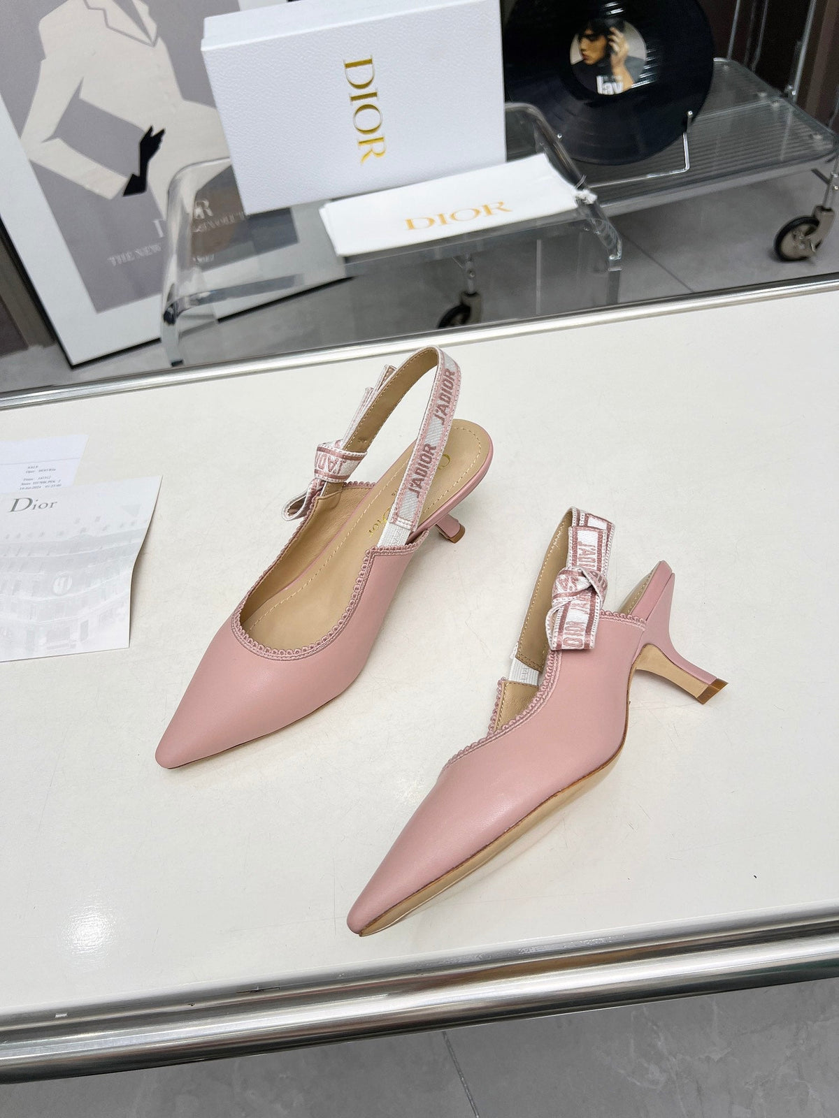 J'ADIOR SLINGBACK PUMP LIGHT PINK CALFSKIN AND EMBROIDERED FABRIC 65 MM