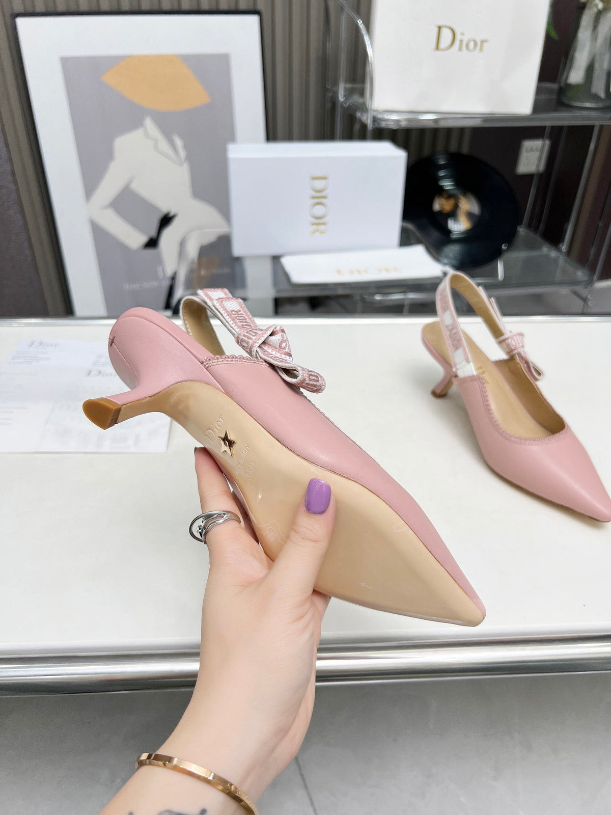 J'ADIOR SLINGBACK PUMP LIGHT PINK CALFSKIN AND EMBROIDERED FABRIC 65 MM