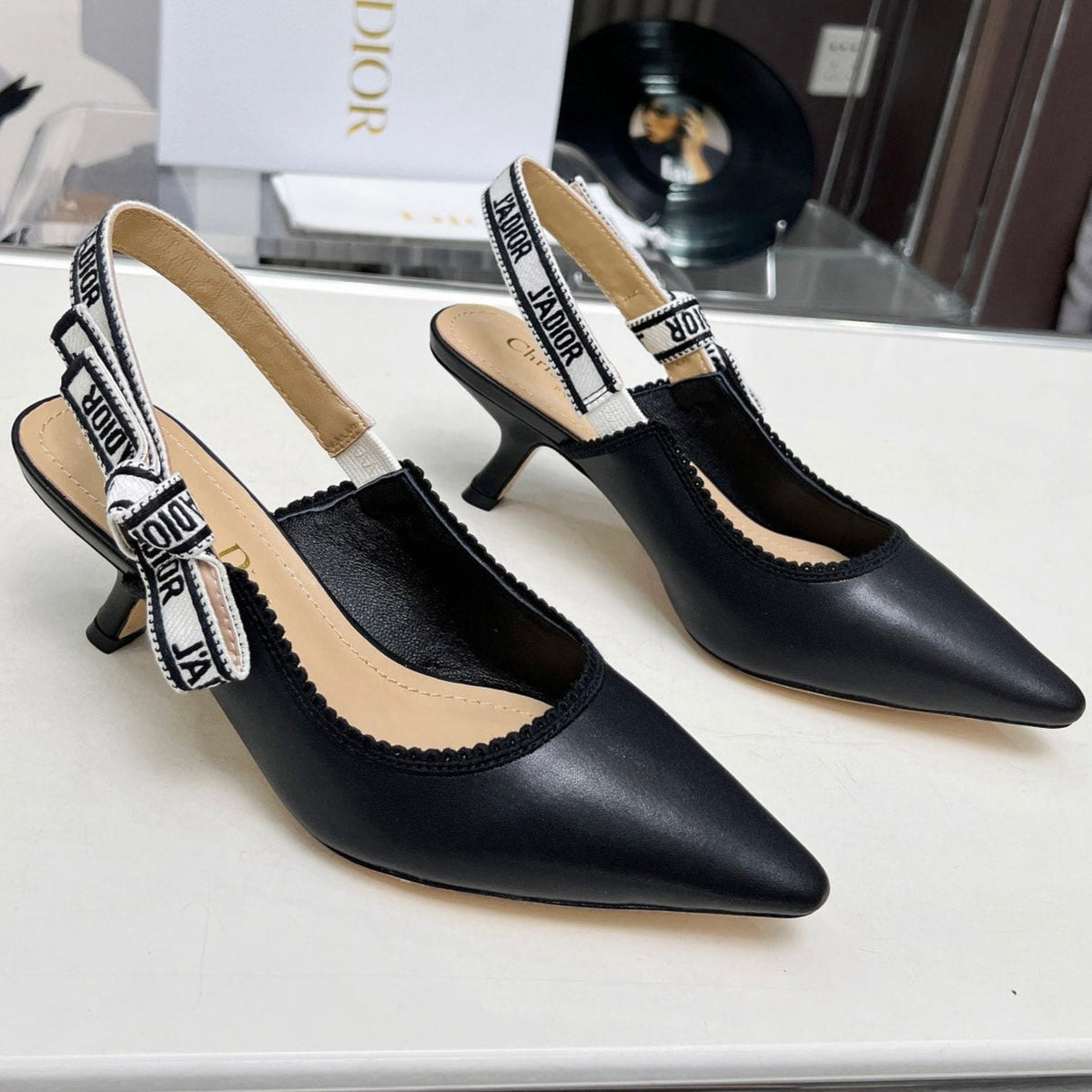 J'ADIOR SLINGBACK PUMP BLACK CALFSKIN AND EMBROIDERED FABRIC 65 MM