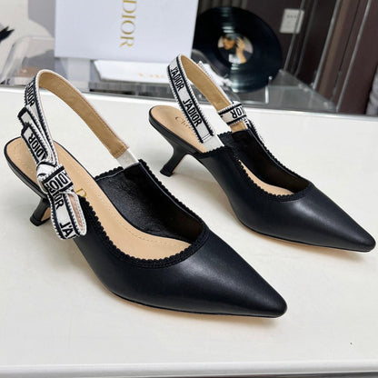 J'ADIOR SLINGBACK PUMP BLACK CALFSKIN AND EMBROIDERED FABRIC 65 MM