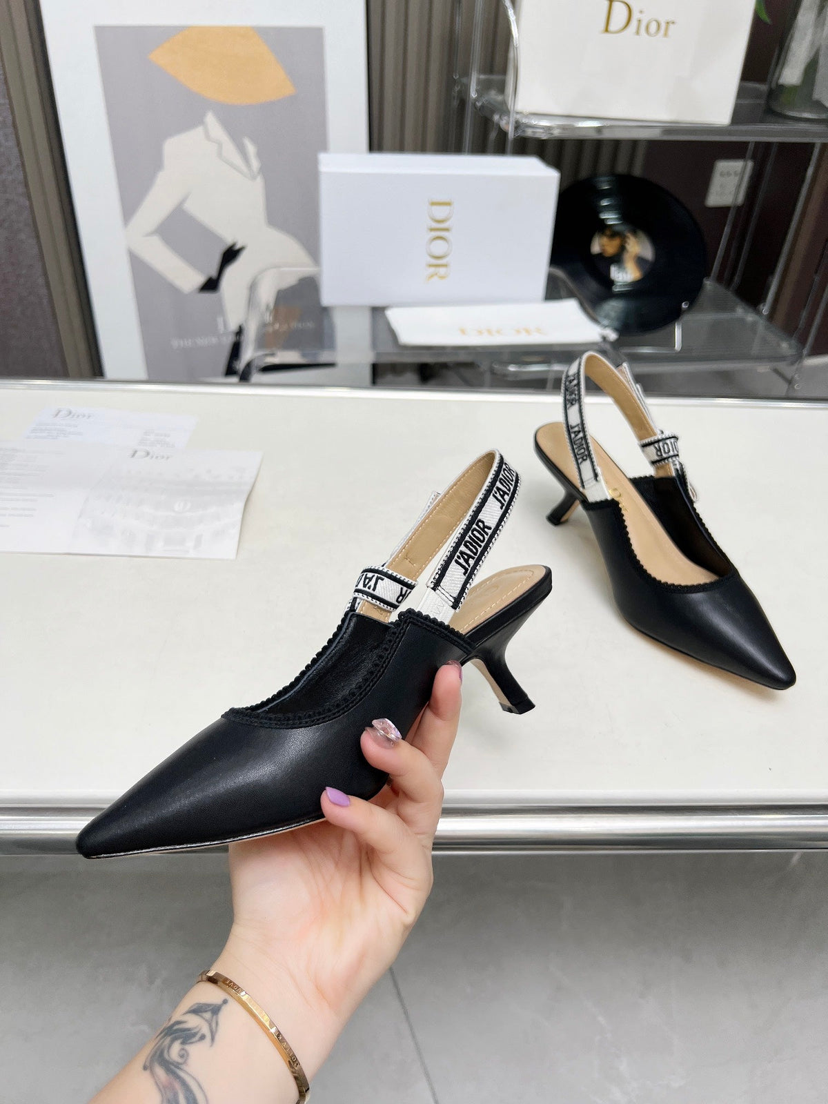 J'ADIOR SLINGBACK PUMP BLACK CALFSKIN AND EMBROIDERED FABRIC 65 MM